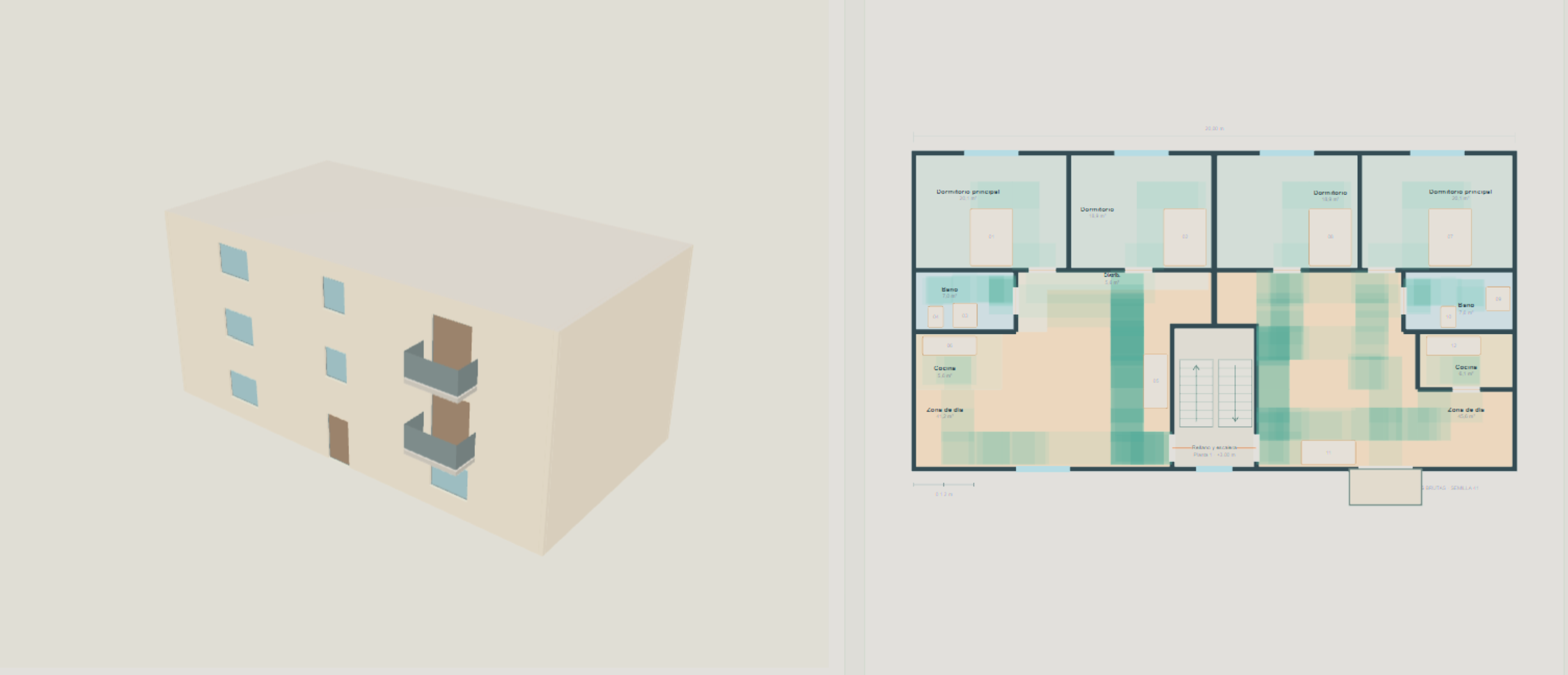 Procedurally generated building facade alongside its connected interior floor plan.