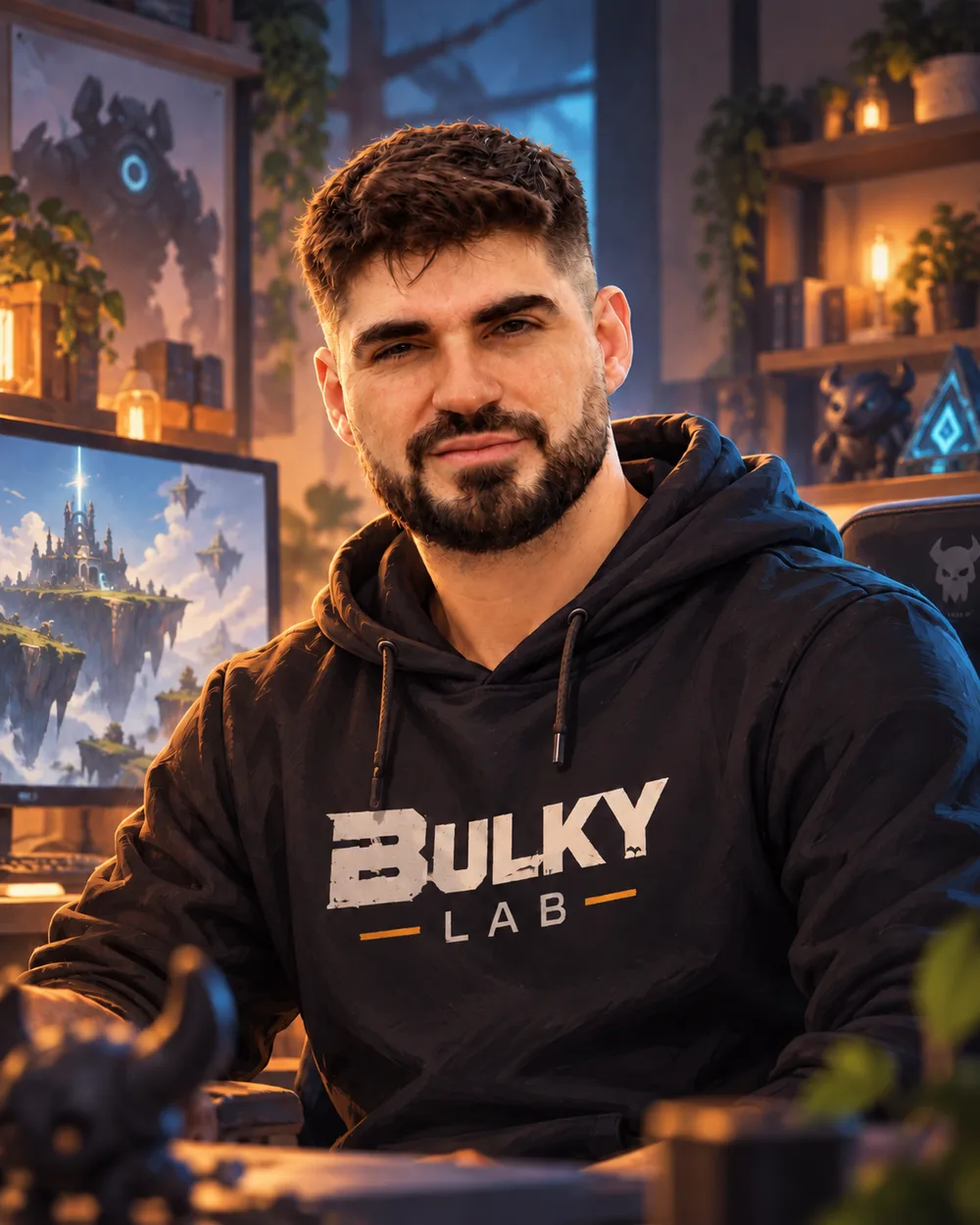 Illustrated portrait of Eloy Moya in a game studio