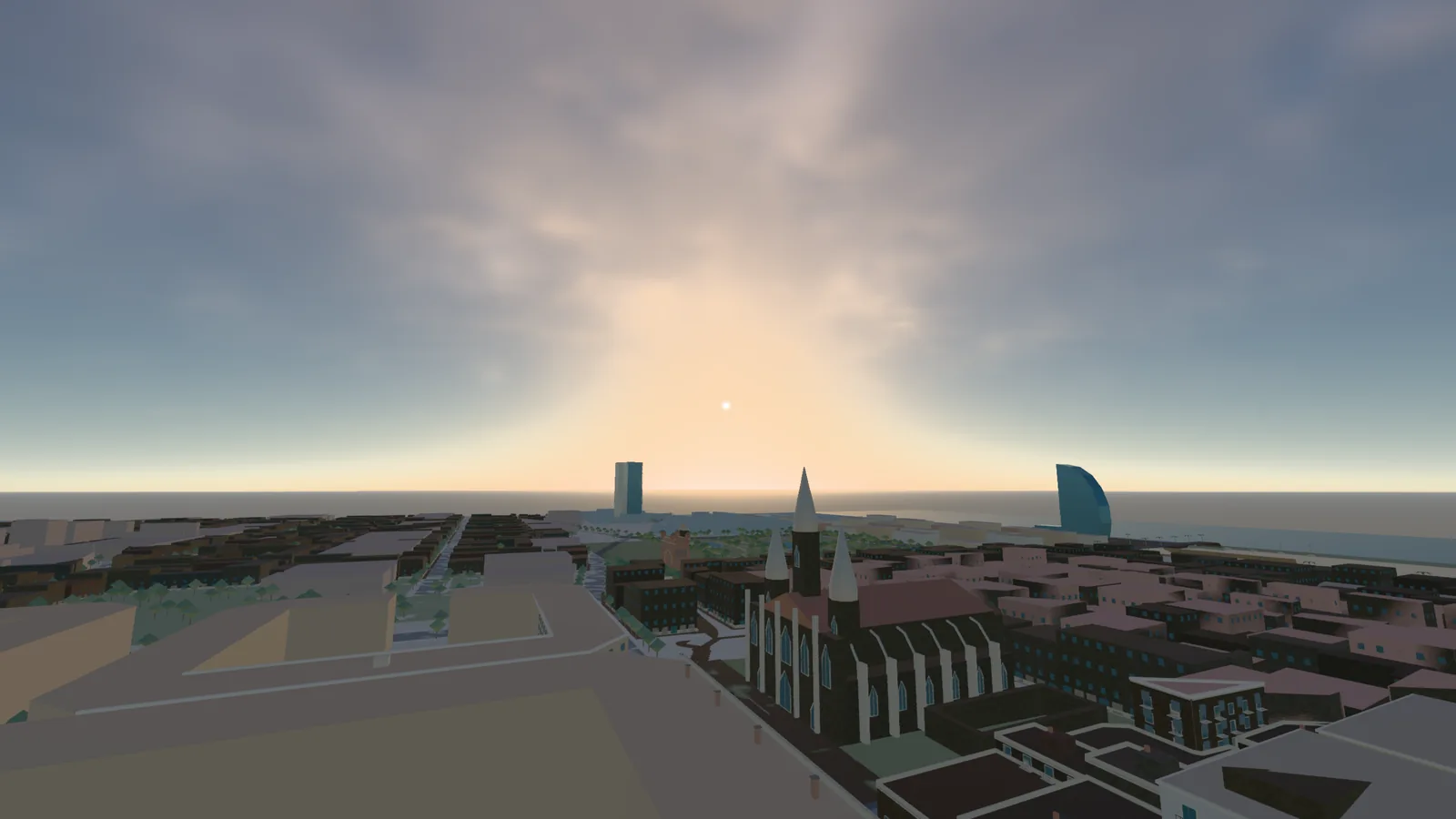 Seaside city at dawn in a game build.