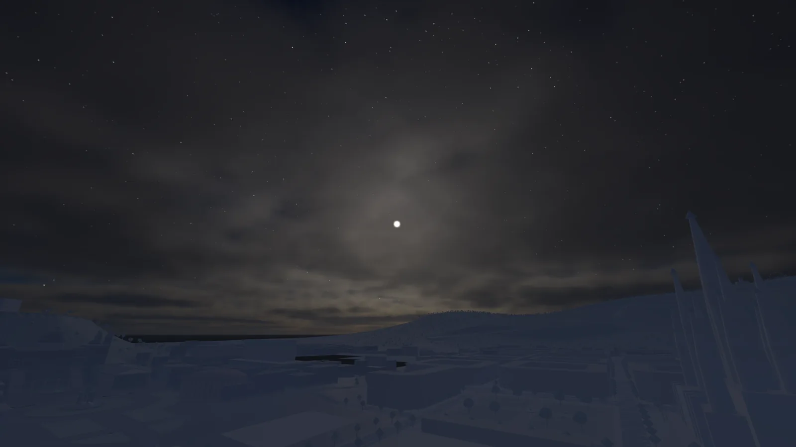 City beneath a starry night sky in a game build.