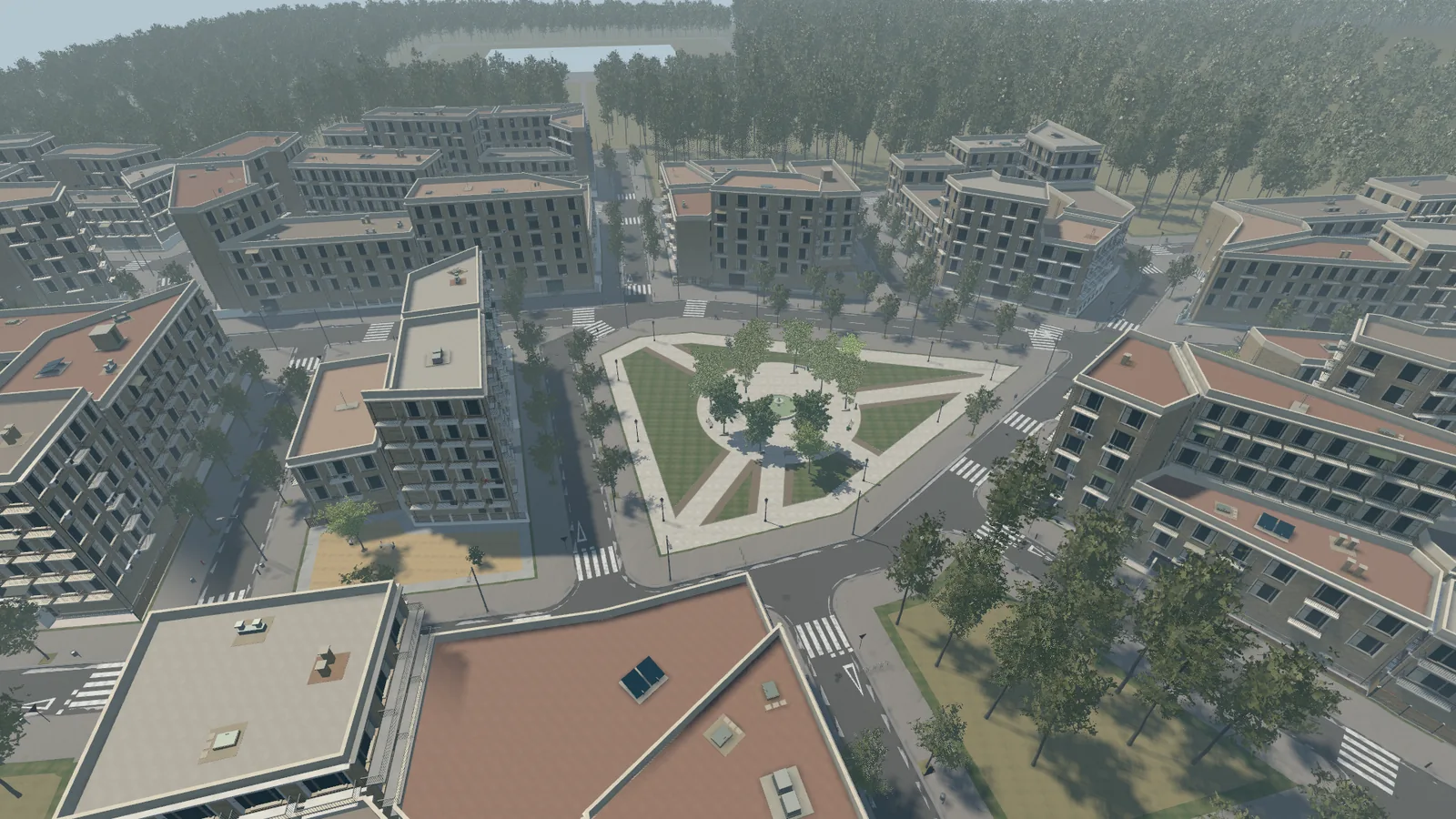 Aerial view of a city square created for the game.
