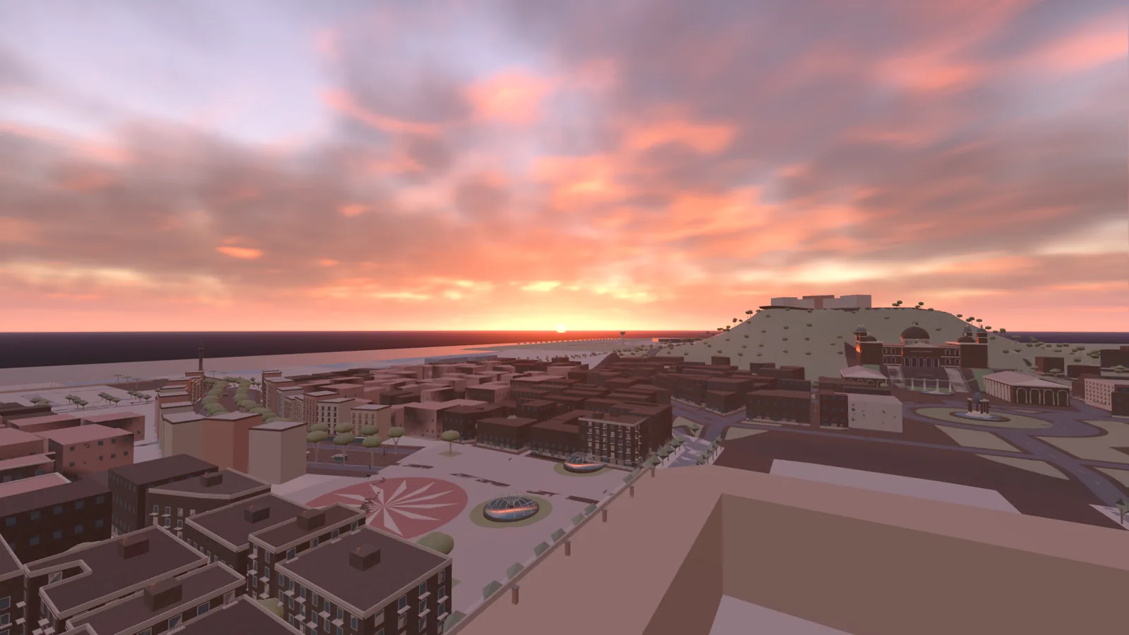 Coastal city at sunset in a game build.
