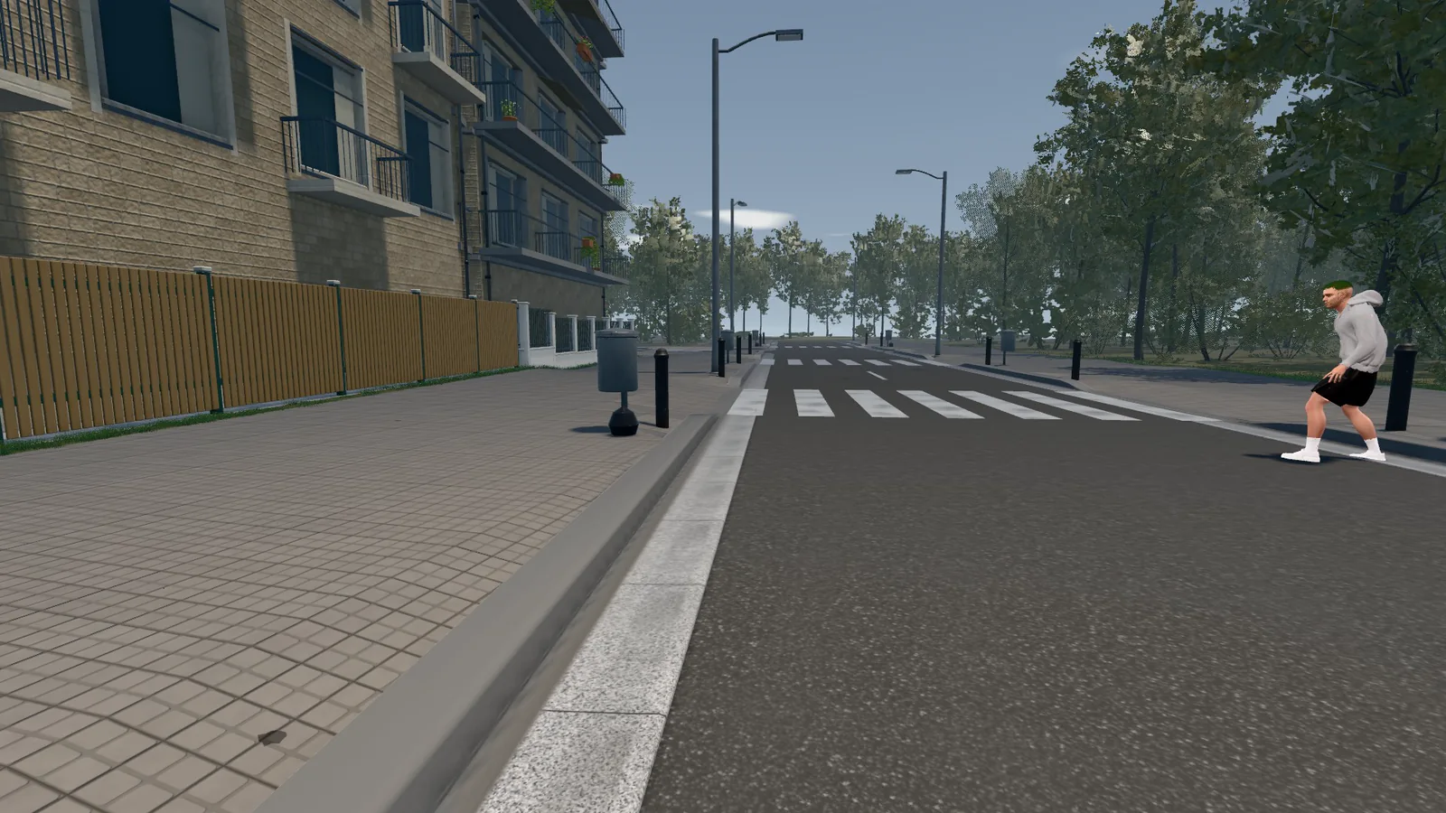 Character crossing a city street in a game build.