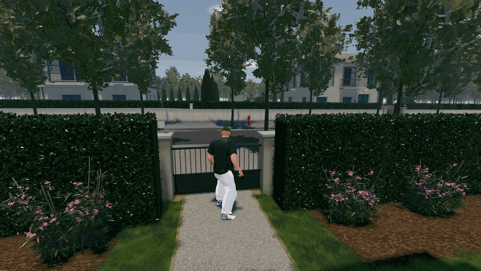 Character outside a garden home in a game build.