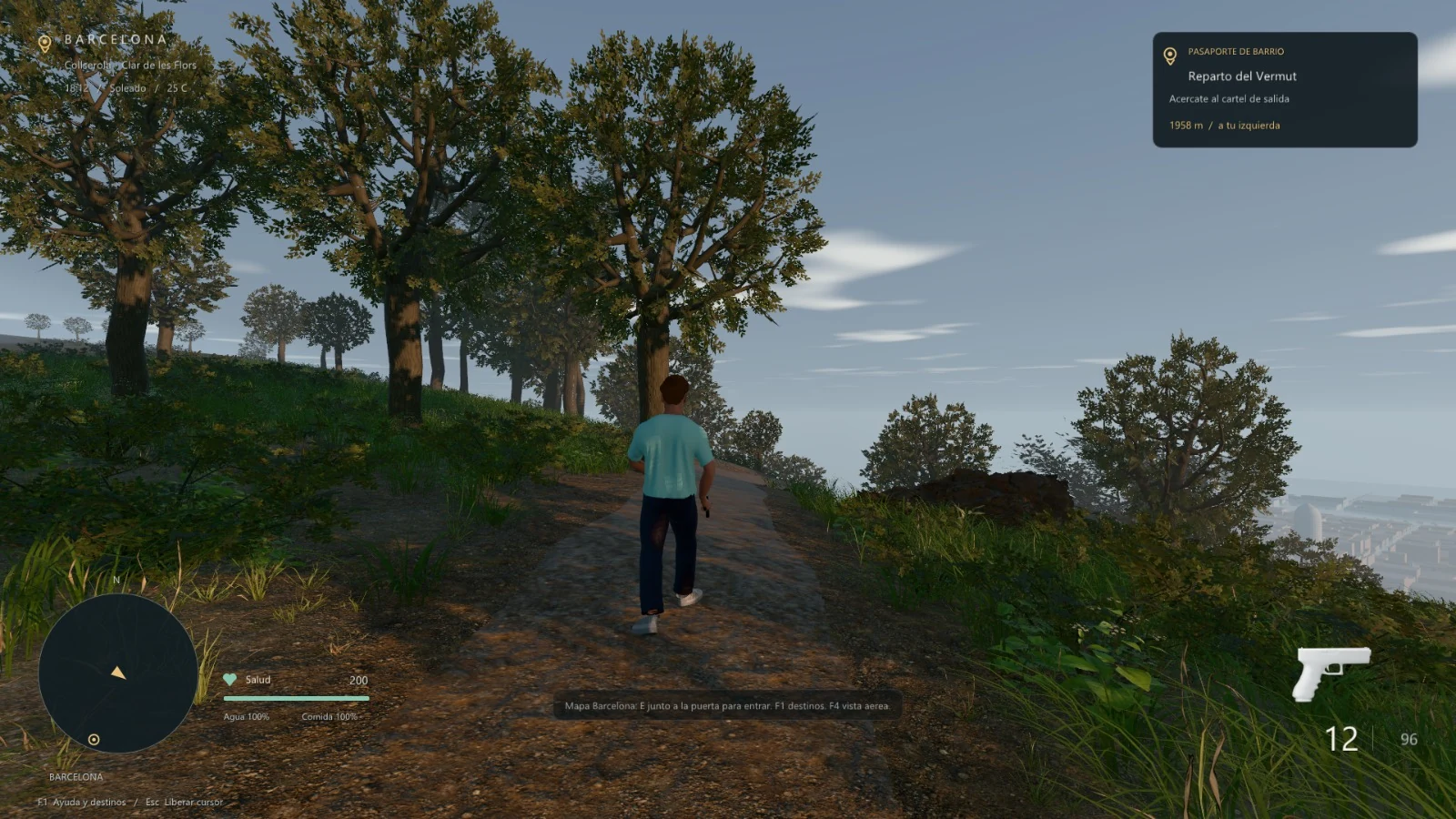 Character walking along a wooded hillside path above Barcelona.