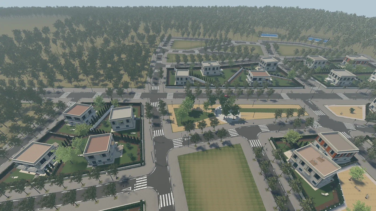 Residential neighbourhood seen from above in a game build.