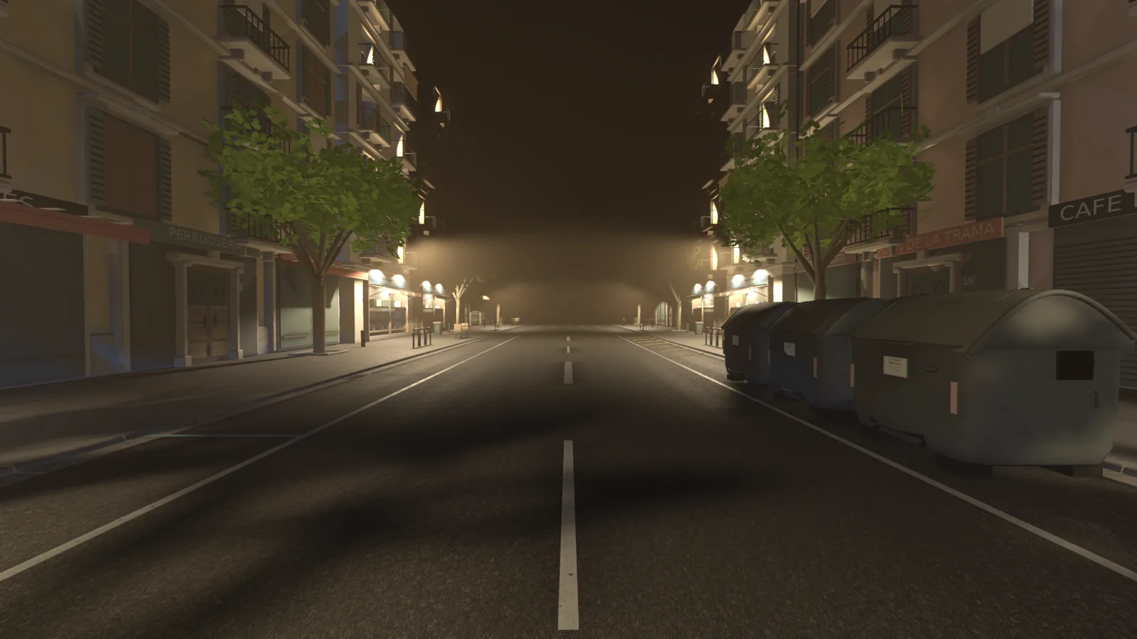 Urban street at night during game development.