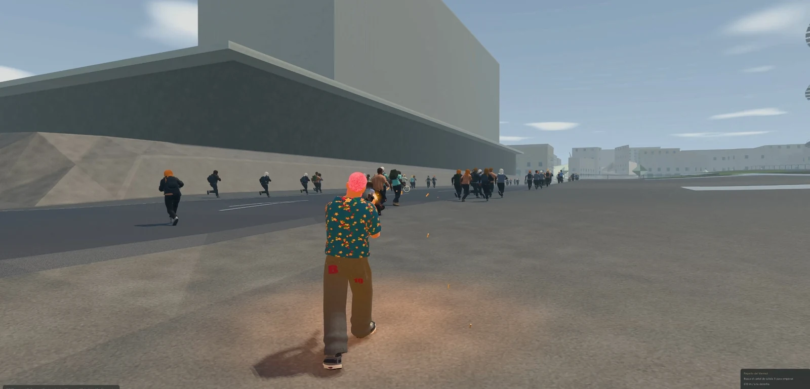 Character in a patterned shirt firing on a street with several other characters.