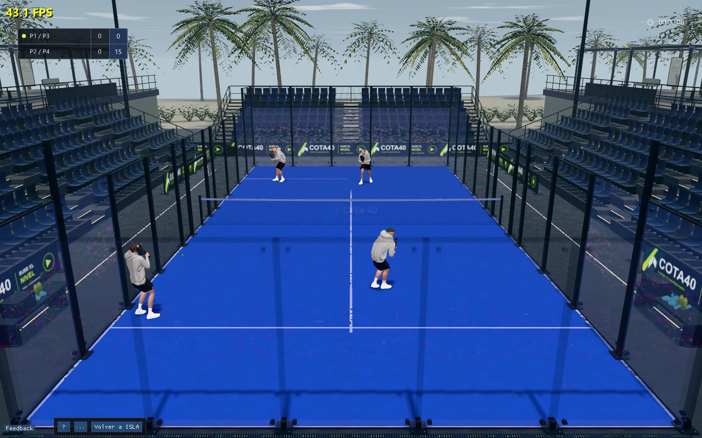 Padel match on a blue court with players and stands.
